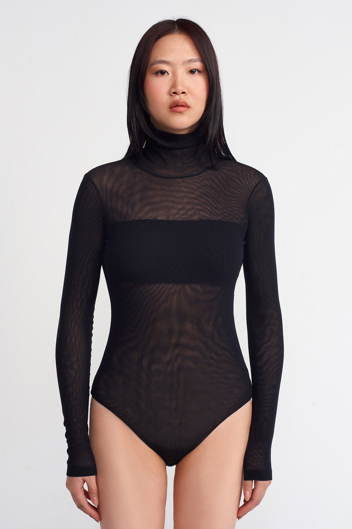 Black Turtleneck Mesh Bodysuit-K241011002