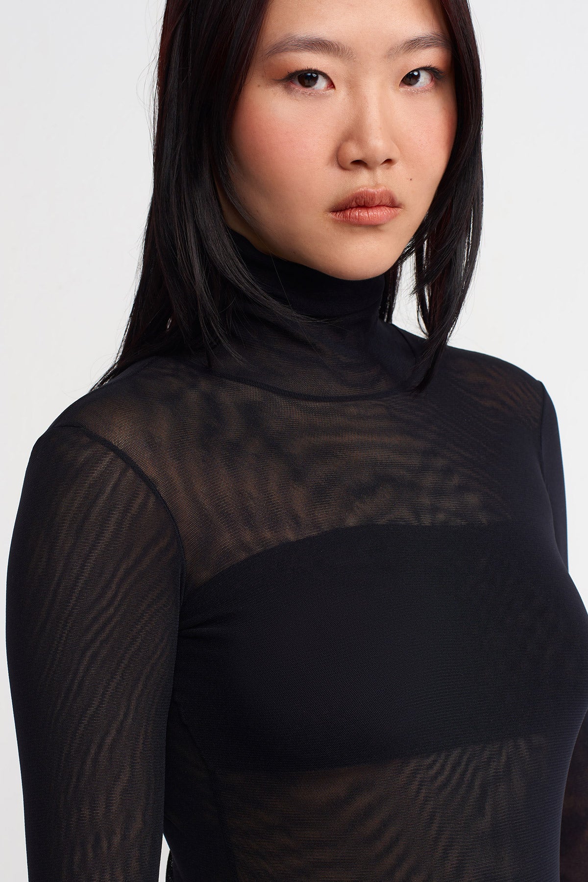 Black Turtleneck Mesh Bodysuit-K241011002