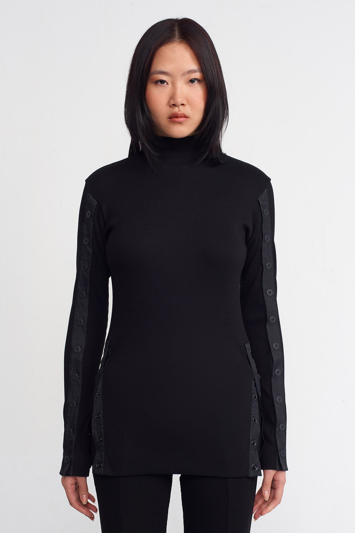 Black Snap Detail Ribbed Blouse-K241011006