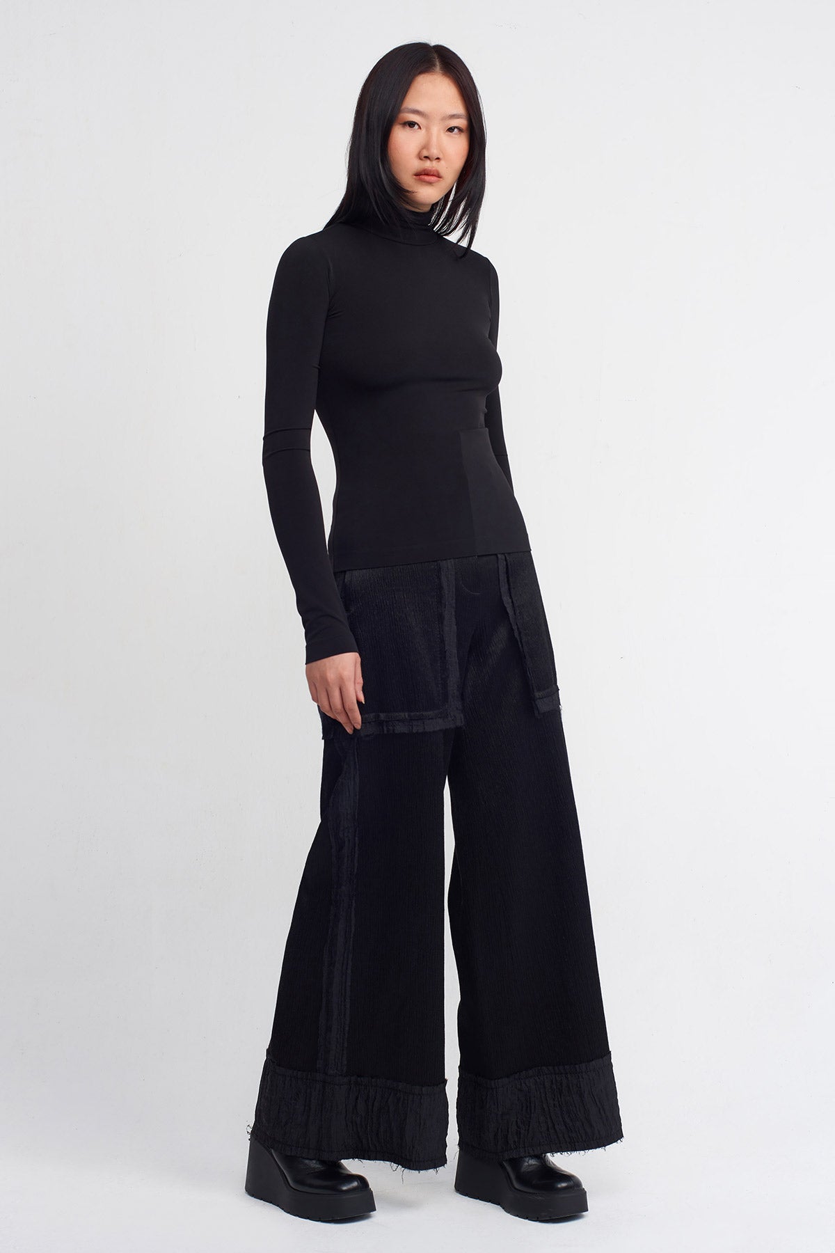 Black Turtleneck Jersey Bodysuit-K241011015