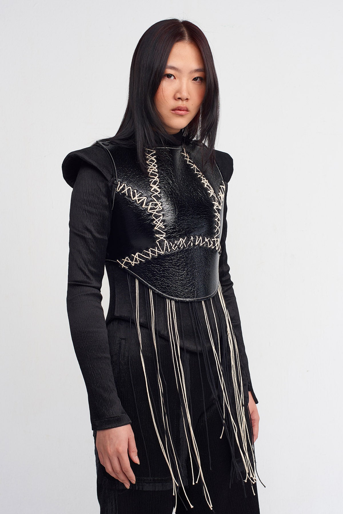 Black Hand-Stitched Leather Top-K241011017