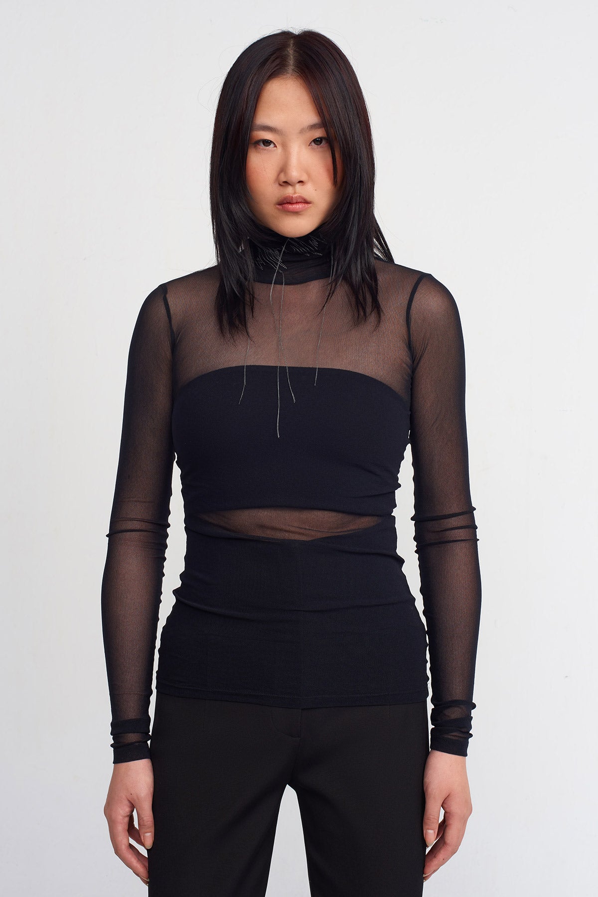 Black Embroidered Tulle Bodysuit-K241011026