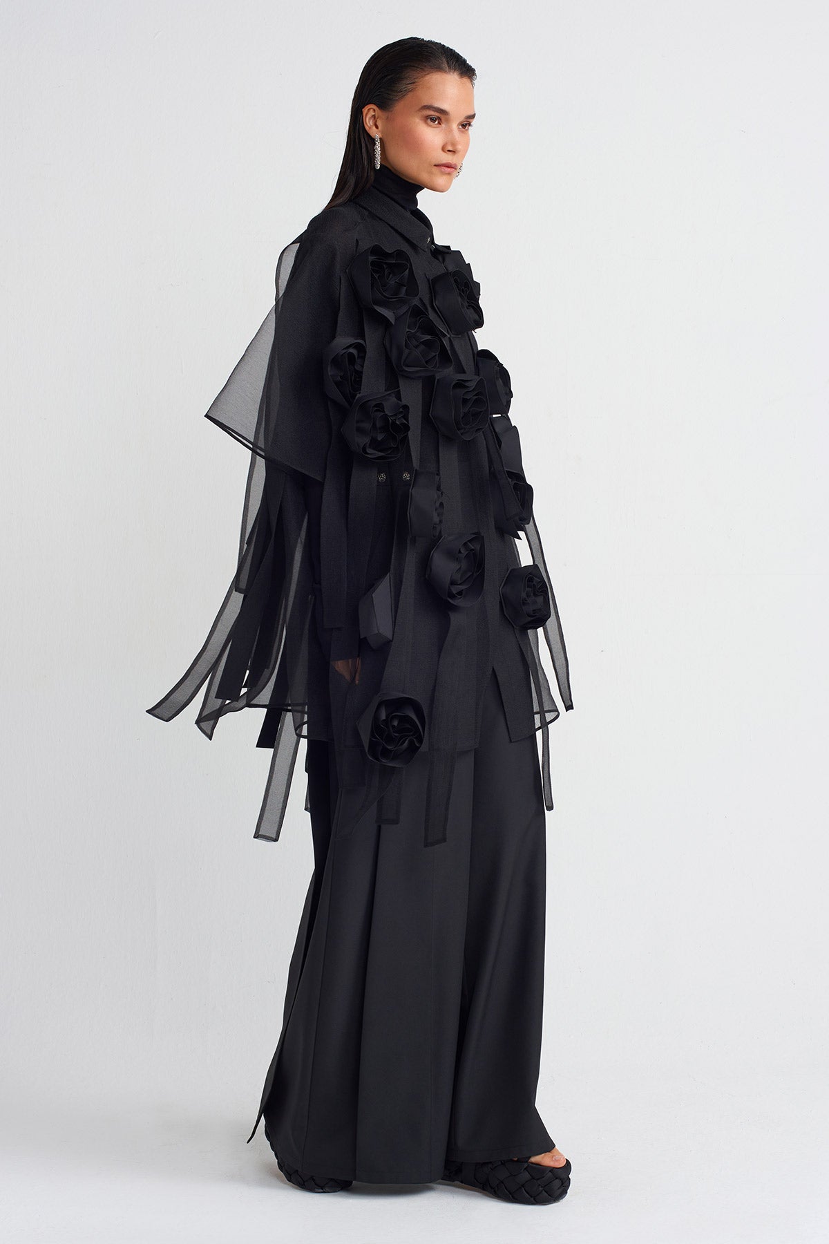 Black Rose Appliqué Organza Shirt-K241011071