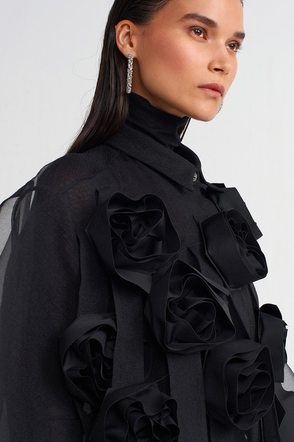 Black Rose Appliqué Organza Shirt-K241011071