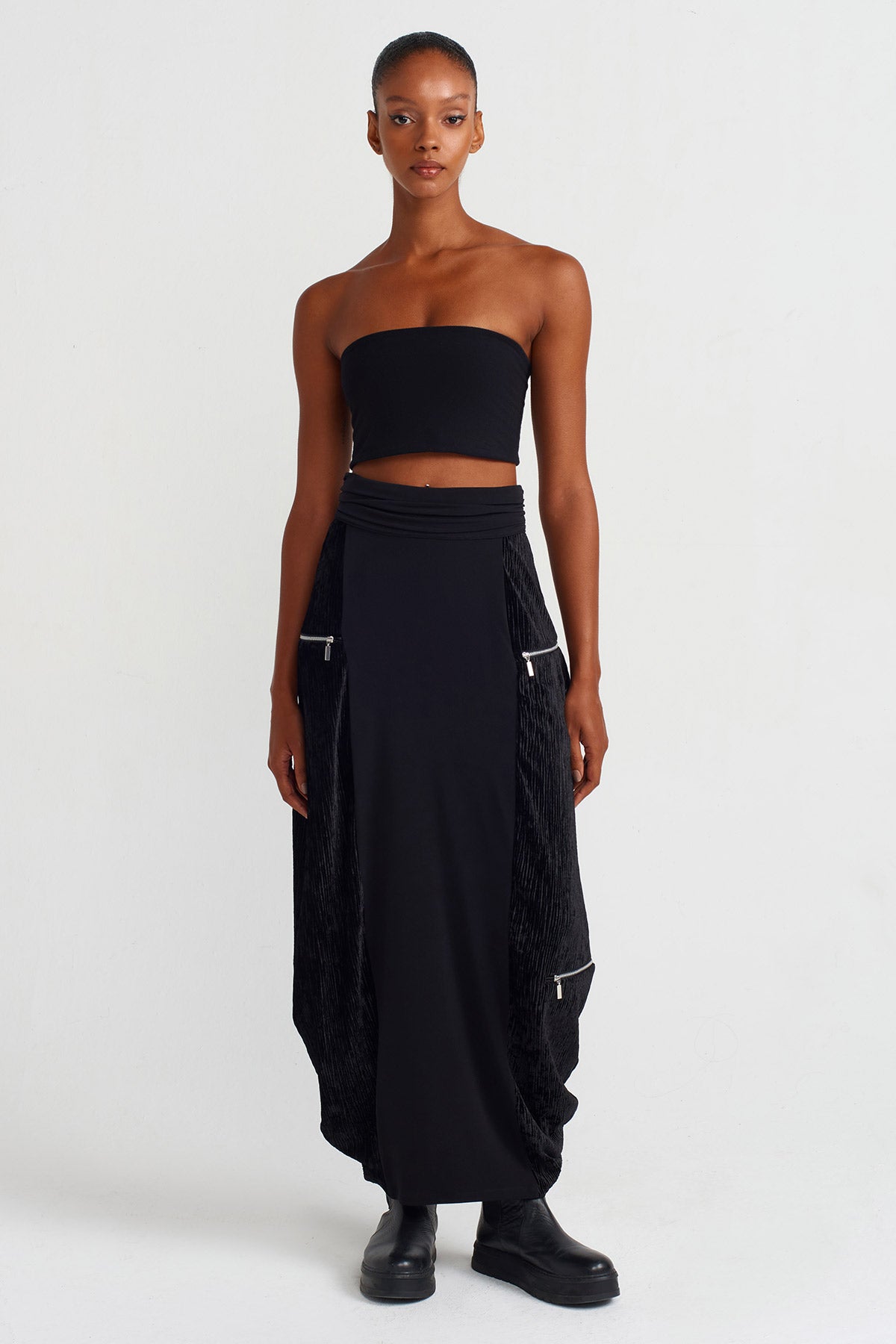 Black / Black Zip Detail Velvet-Jersey Skirt-K242012010