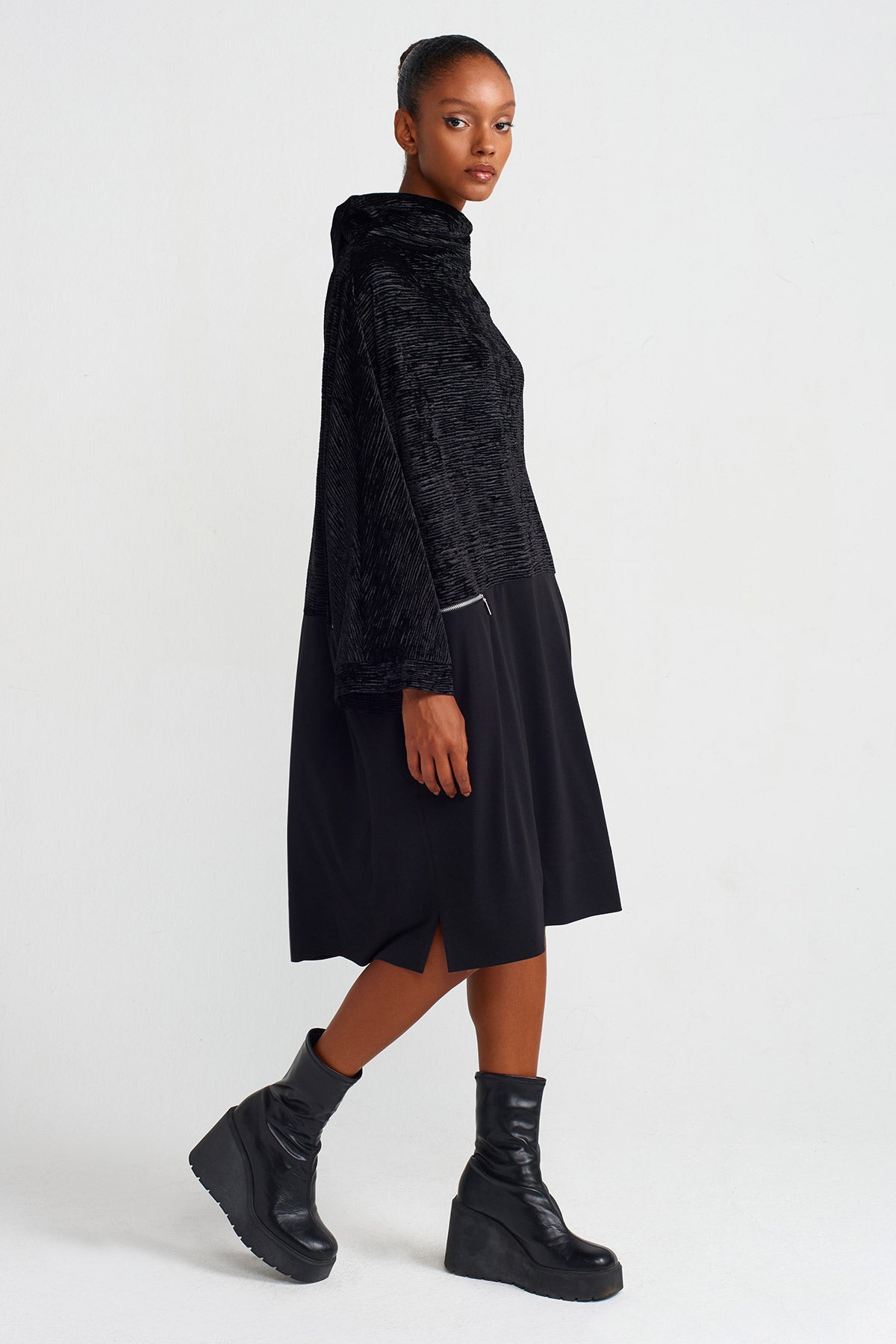 Black / Black Zip Detail Velvet-Jersey Dress-K244014037