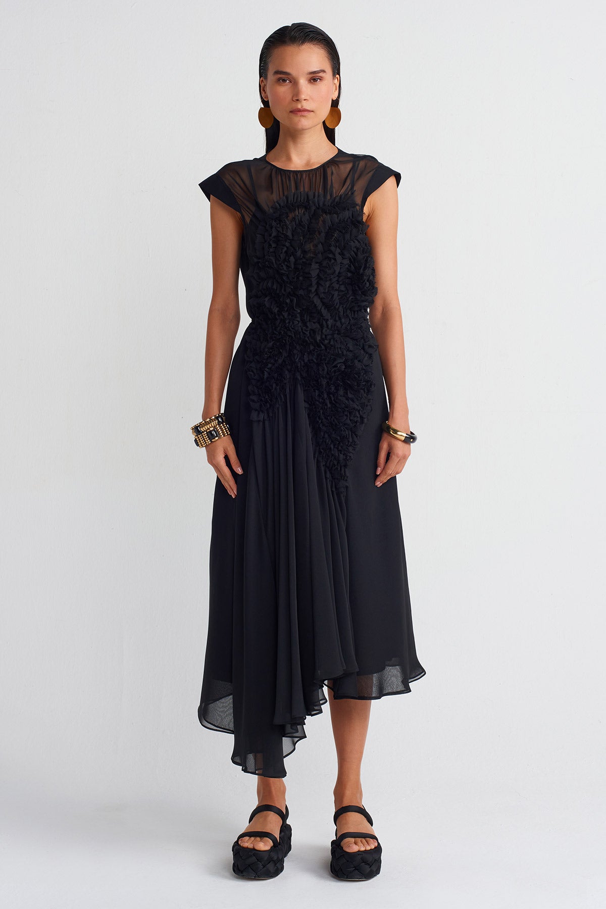 Black Rose Appliqué Organza Dress-K244014060