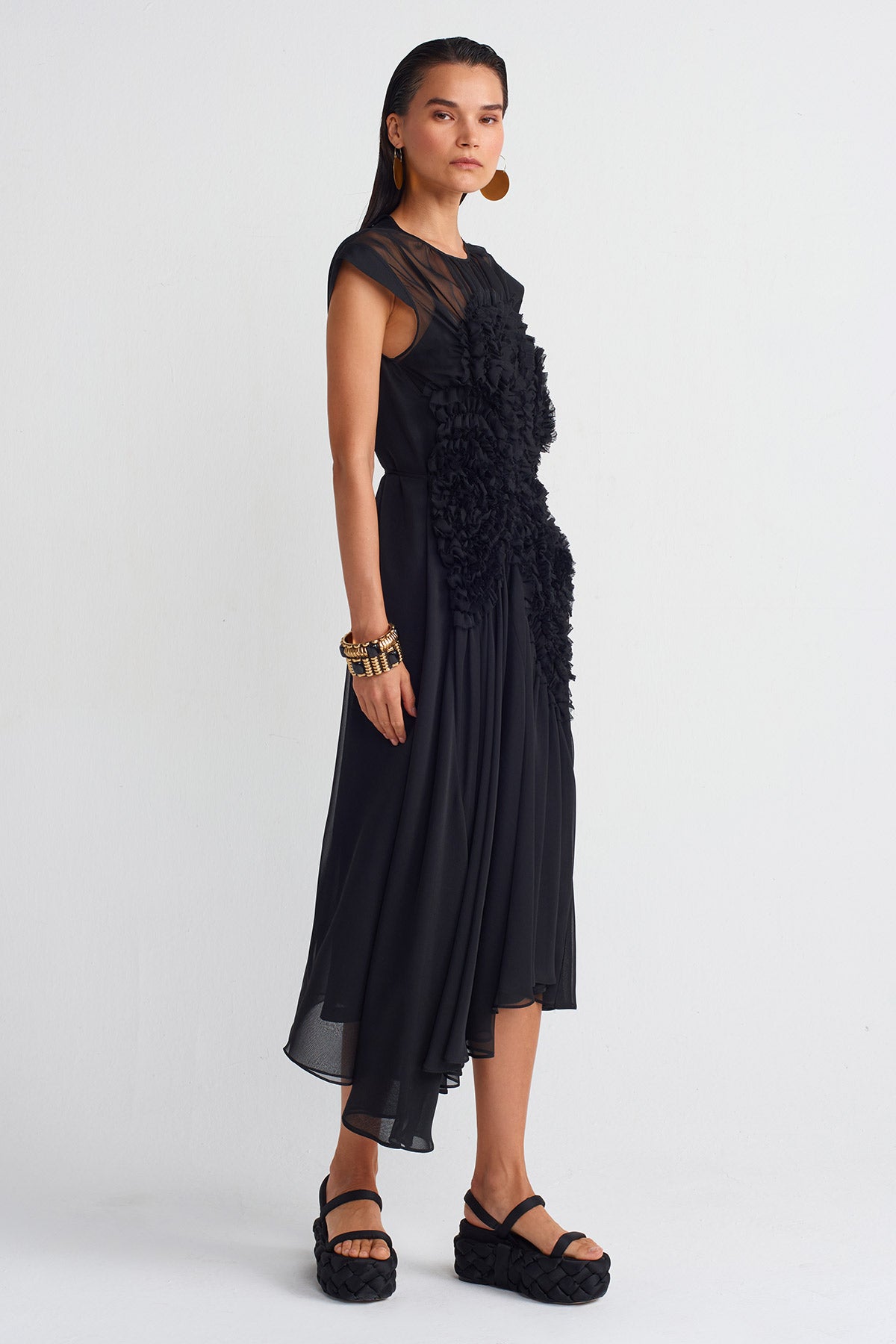 Black Rose Appliqué Organza Dress-K244014060