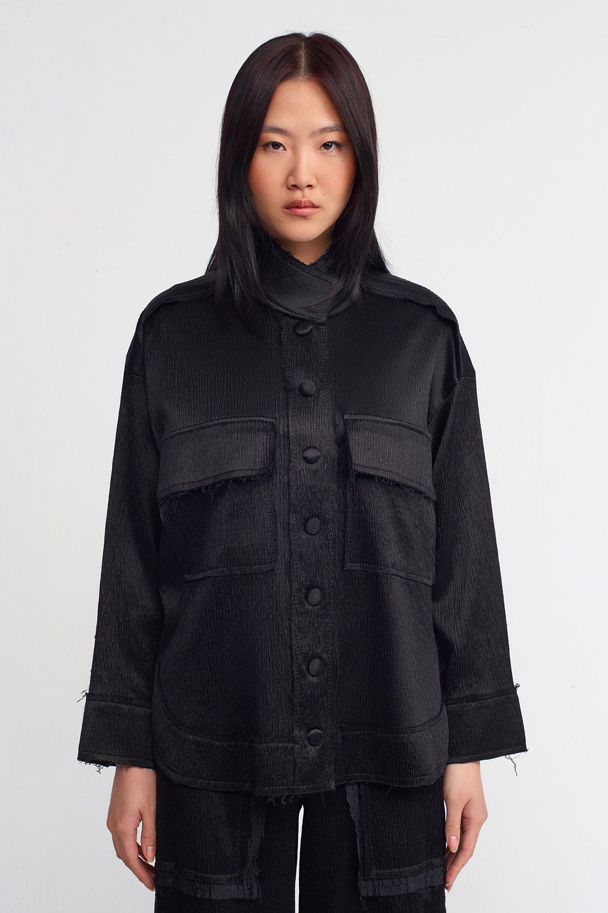 Black Crinkle Shirt Jacket-K245015006