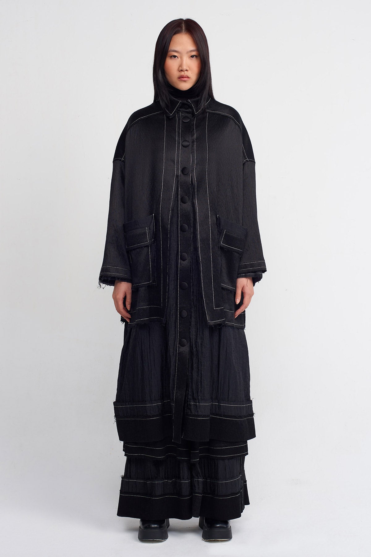 Black Crinkle Kaftan Jacket with Large Pockets-K245015009