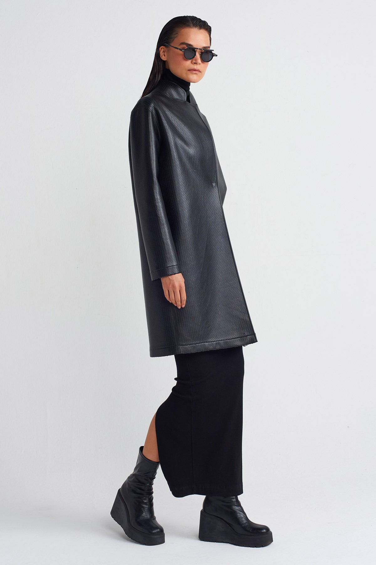 Black Textured Leather Long Jacket-K245015043