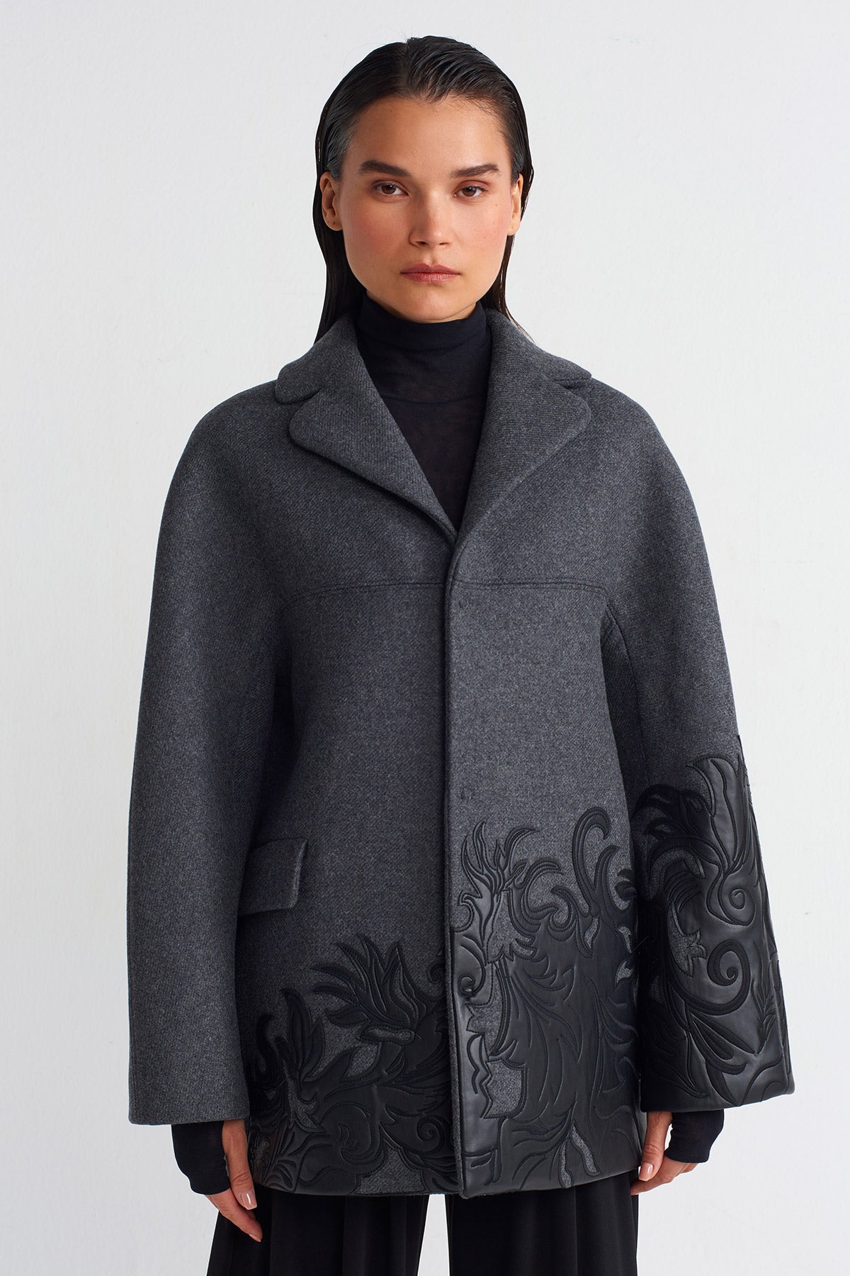 Grey Melange/Black Leather Motif Detailed Coat-K245015045