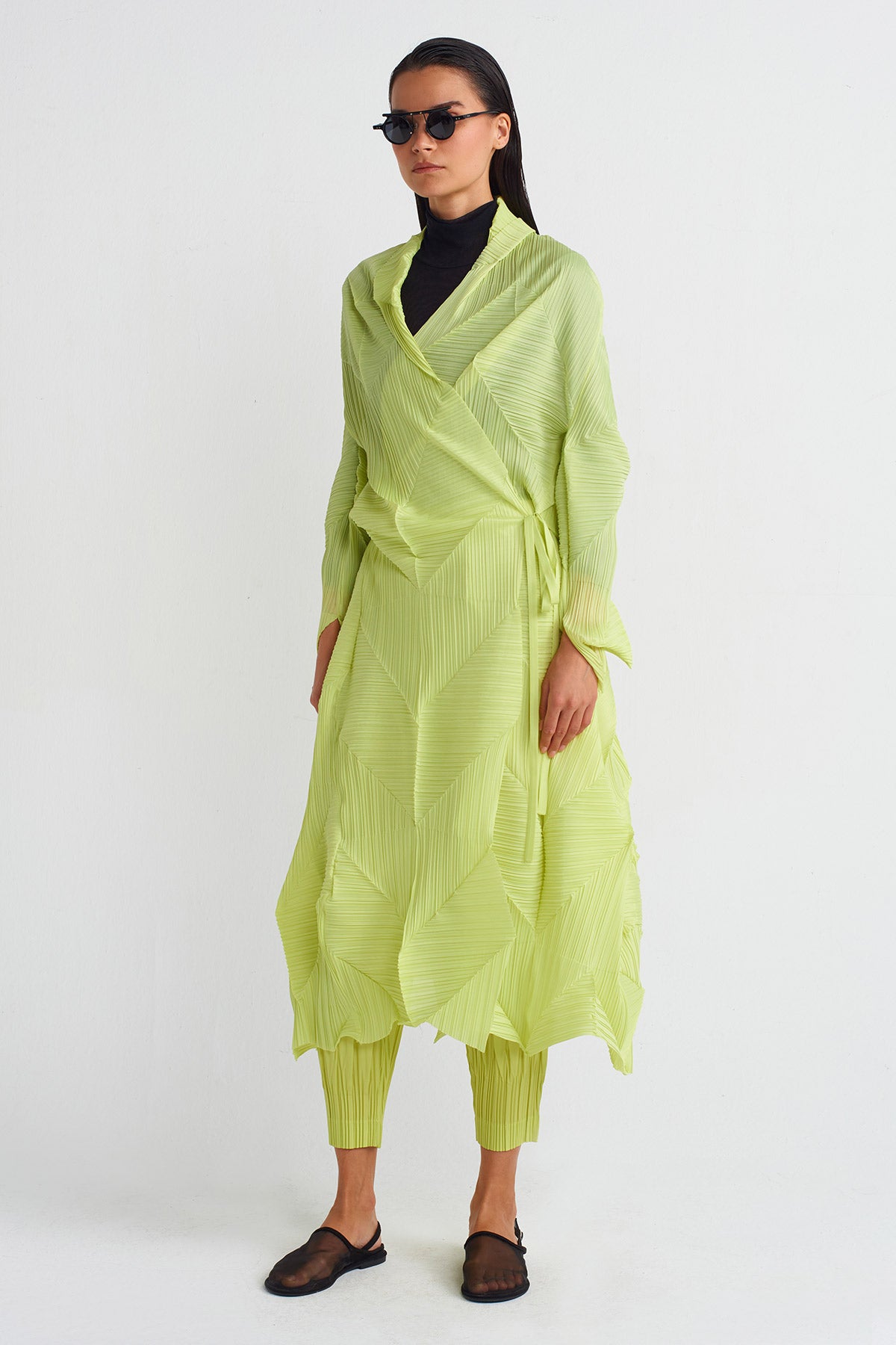 Lime Pleated Long Cardigan-K245015079