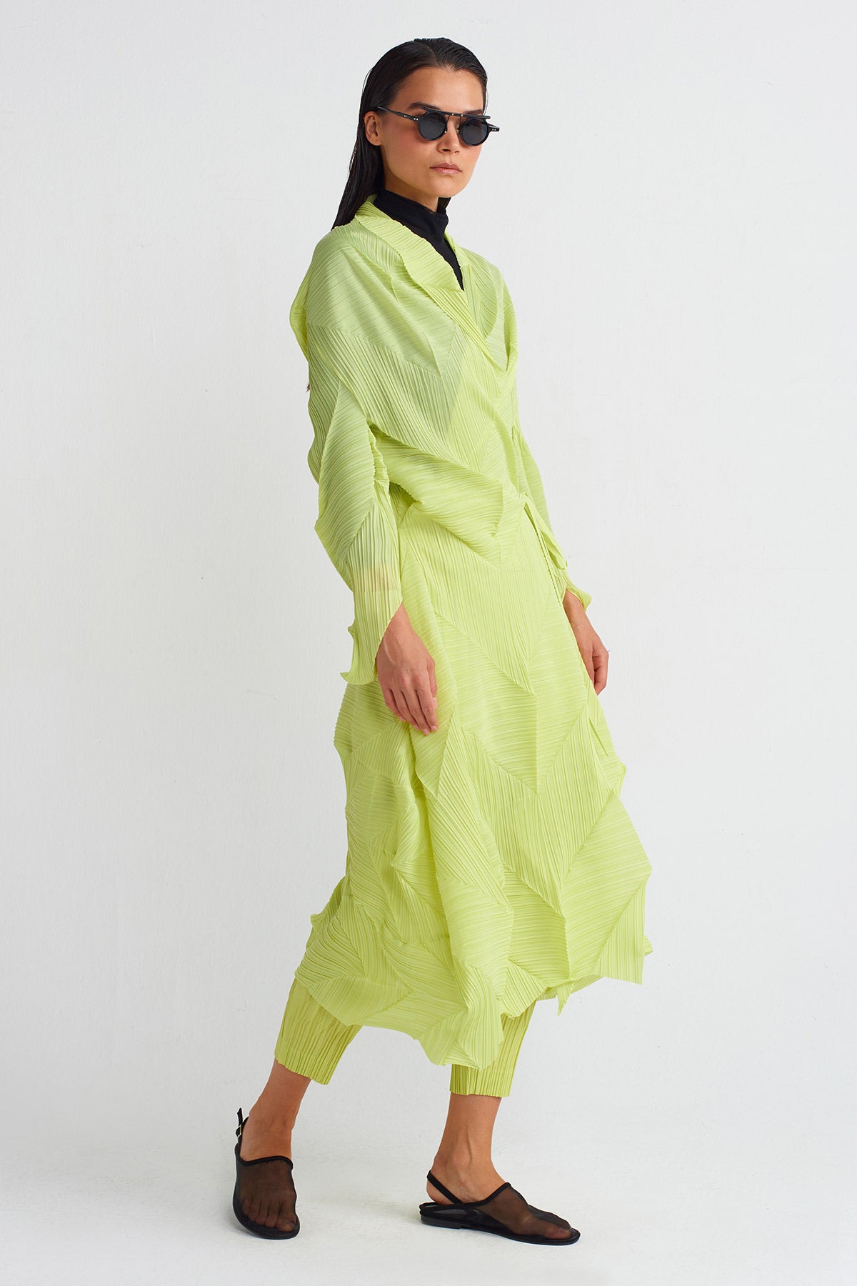 Lime Pleated Long Cardigan-K245015079