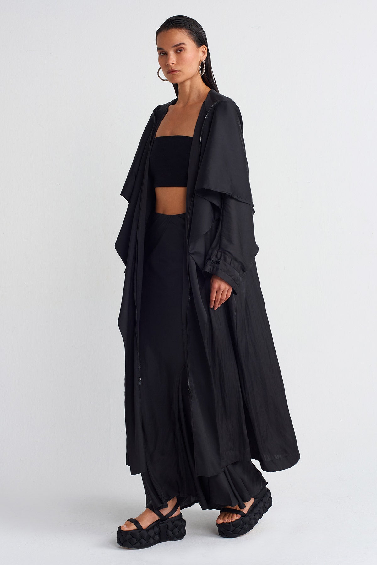 Black Satin Trench Coat-K247017023