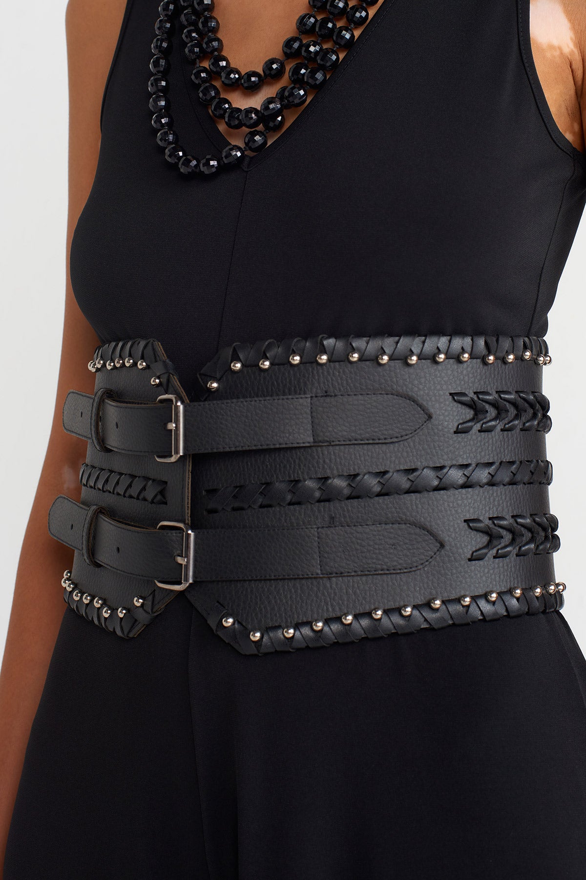 Black Thick Double Buckle Leather Chic Belt-K248018021