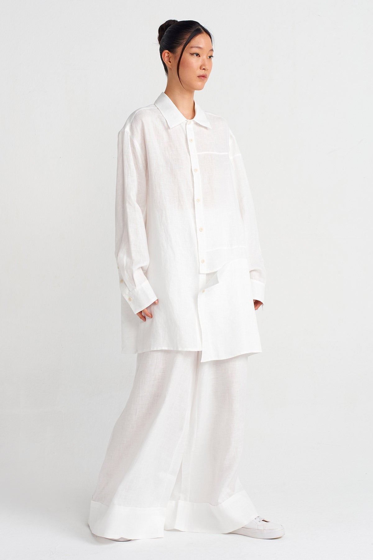 Off White Long Linen Shirt-Y241011038