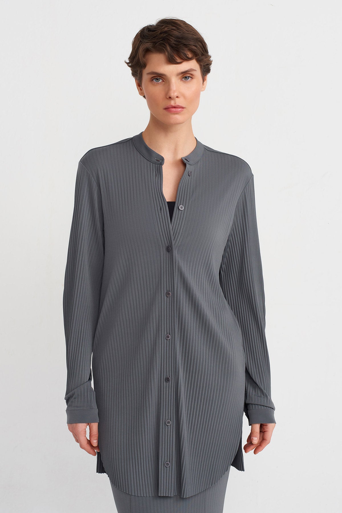 Steel Mandarin Collar Jersey Pleated Shirt-Y241011082