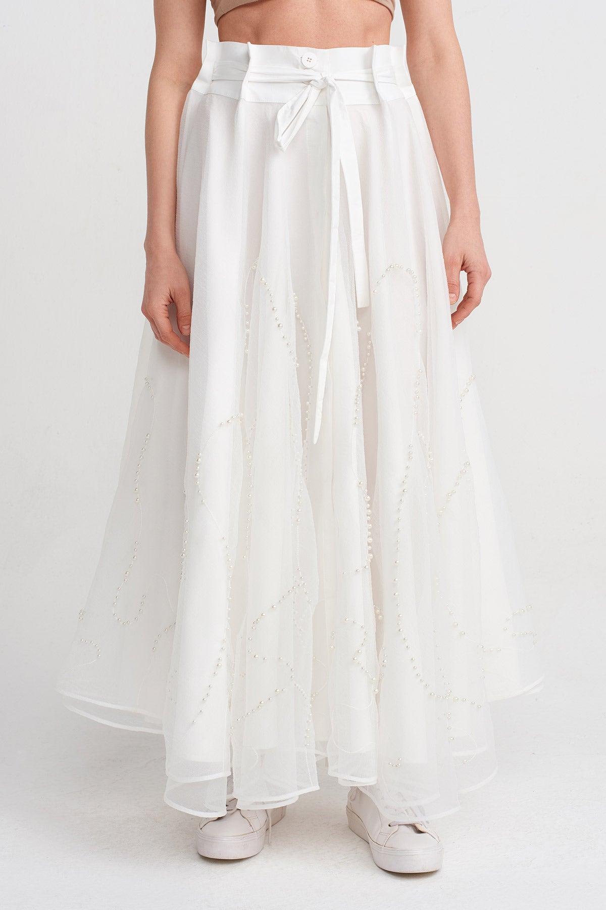 Off White Organza Skirt with Pearl Embellishments-Y242012022