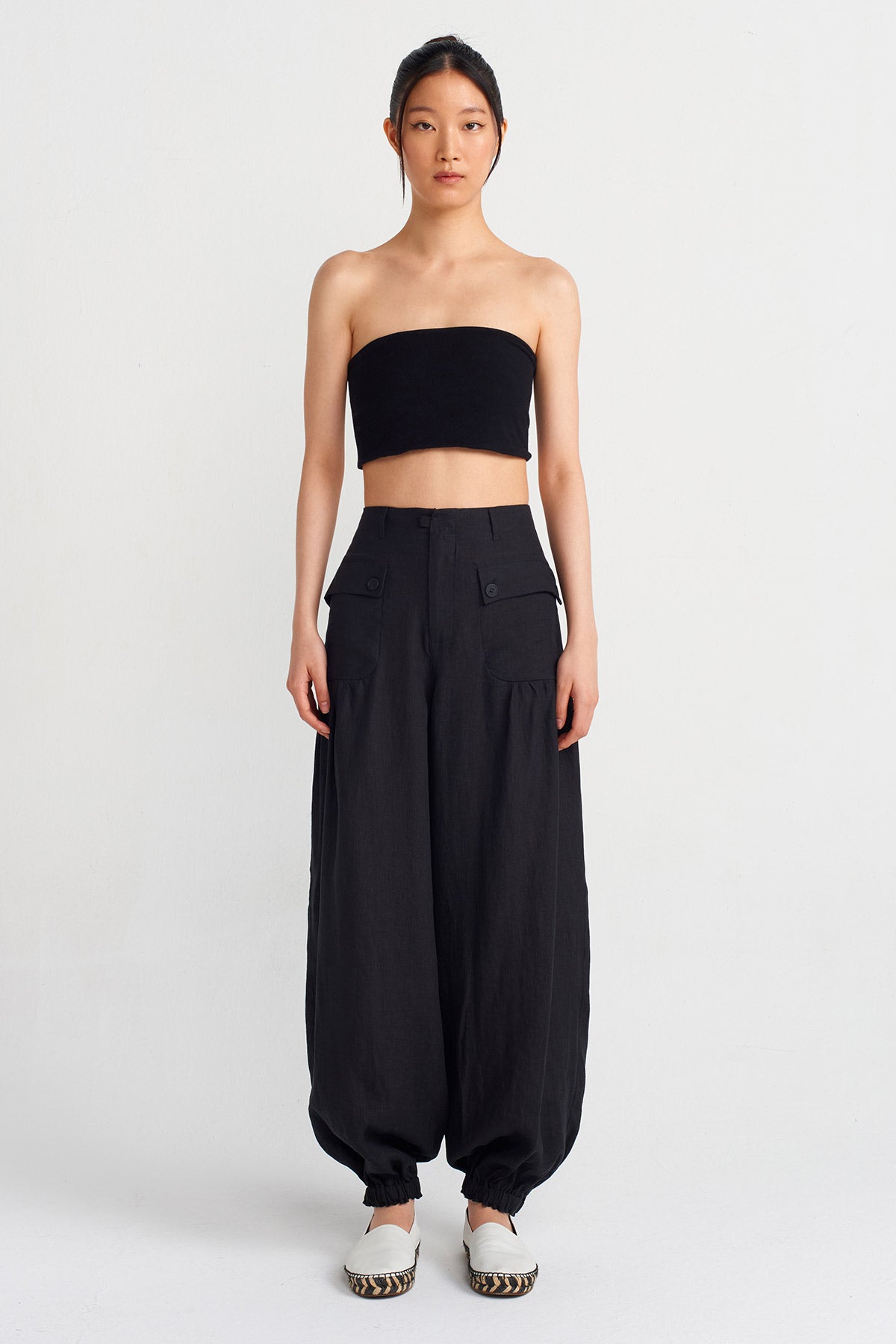 Black Elasticated Hem Linen Trousers-Y243013019