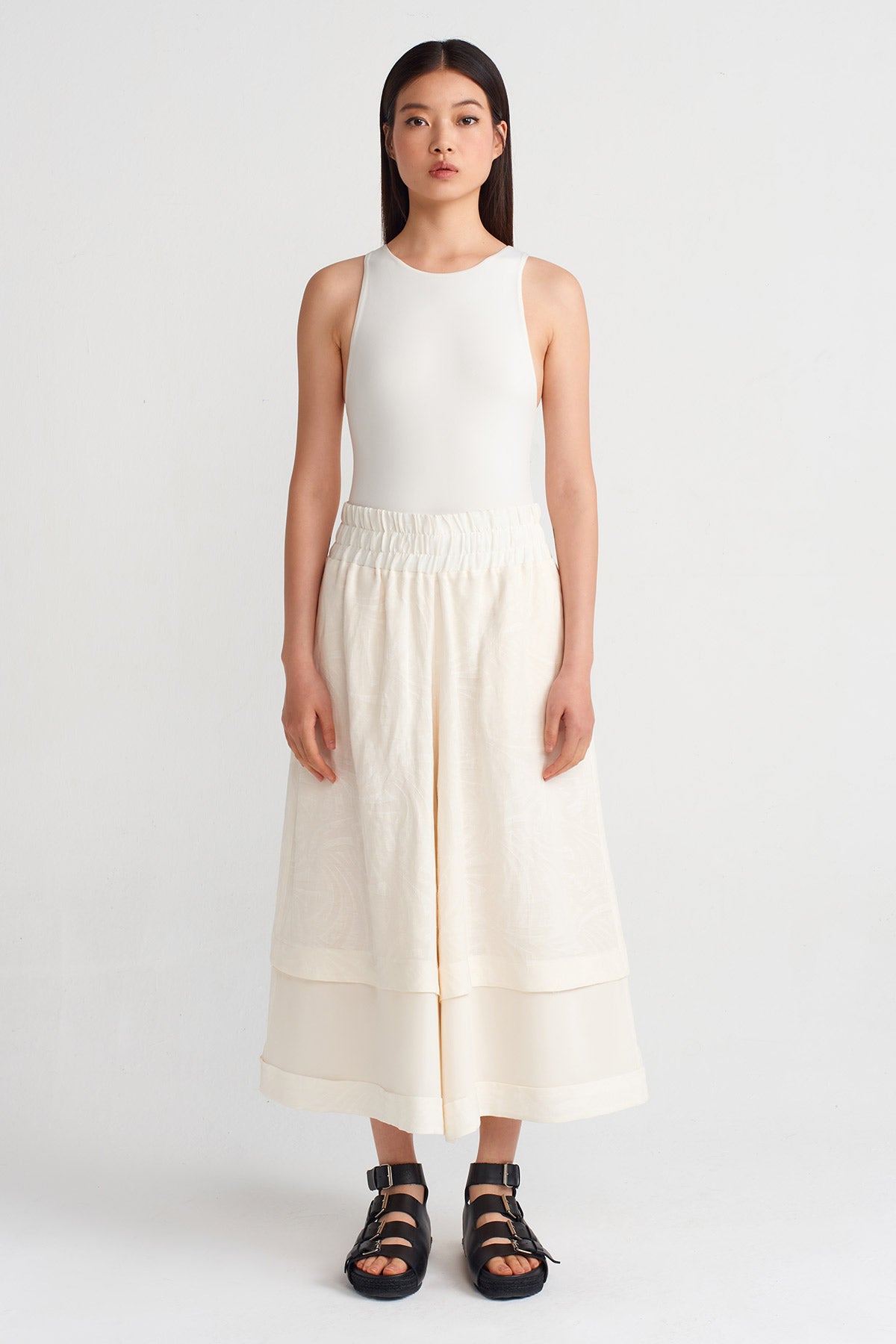 Off White Palazzo Pants with Hem Embellishments-Y243013092