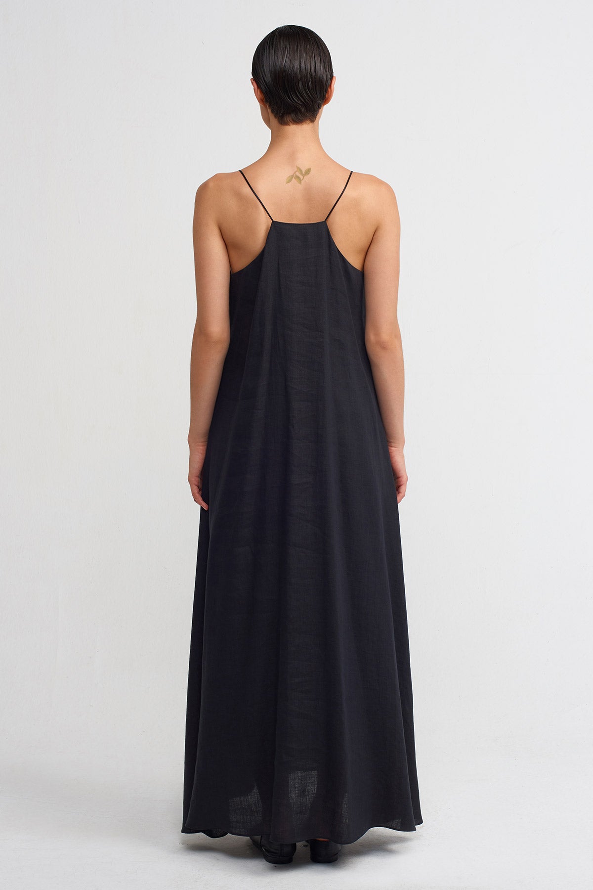 Black Spaghetti Strap Linen Long Dress-Y244014010