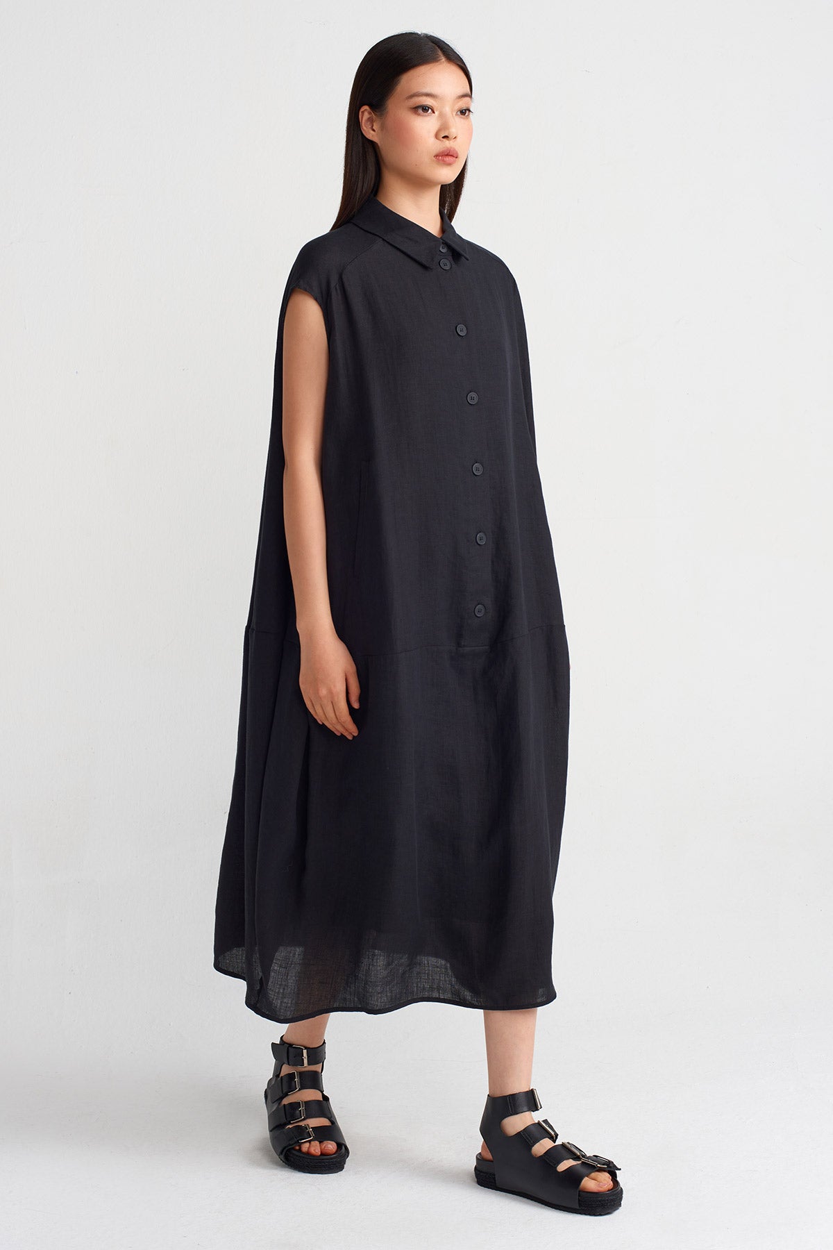 Black Shirt Collar Midi Dress-Y244014022