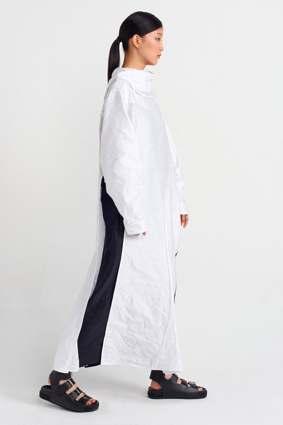 White / Black Long Sleeve Asymmetrical Tailored Maxi Dress-Y244014041