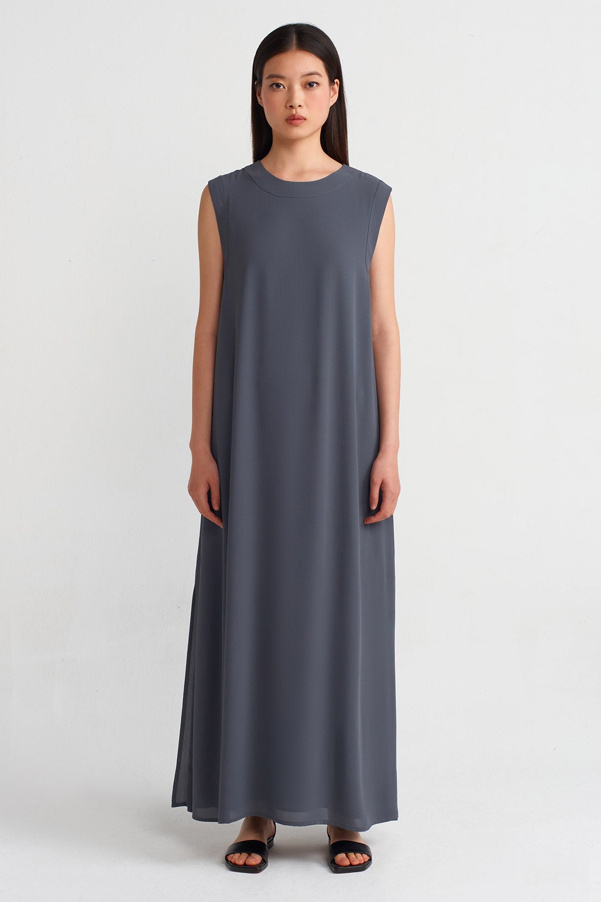 Steel Crew Neck, Side Slit Long Dress-Y244014089