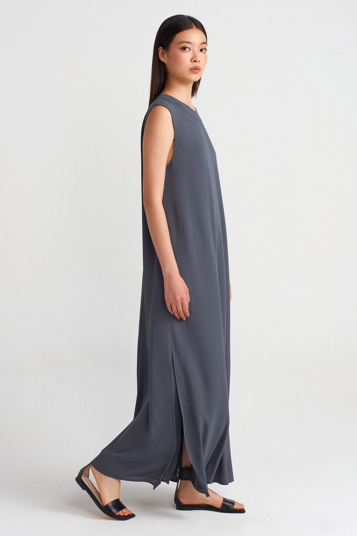 Steel Crew Neck, Side Slit Long Dress-Y244014089