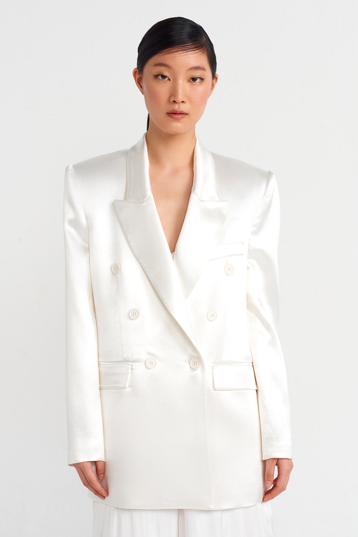 Off White Stylish Satin Blazer Jacket-Y245015103
