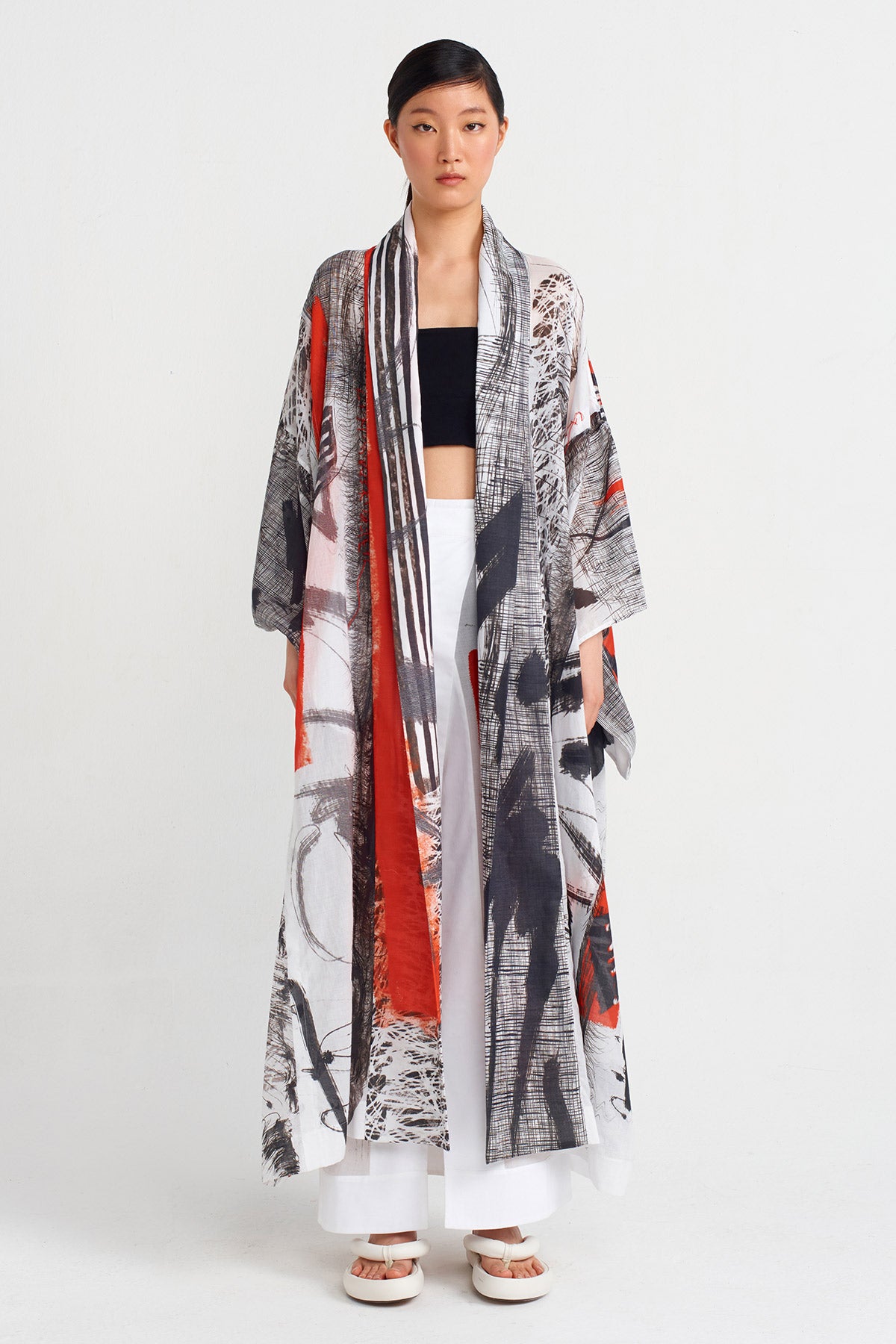 White/Black Printed Voile Kimono-Y245015121