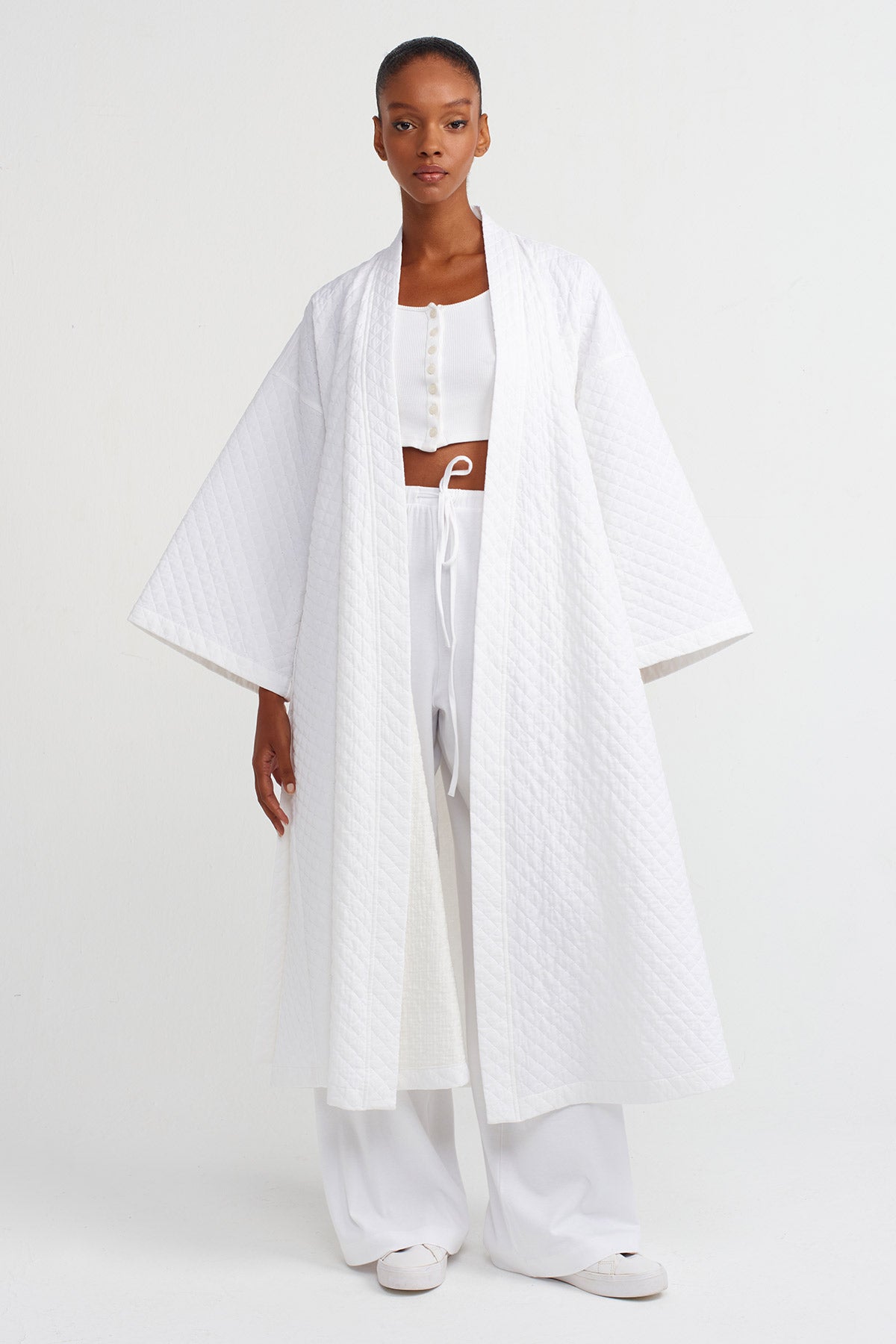White Quilted Long Kimono-Y245015133