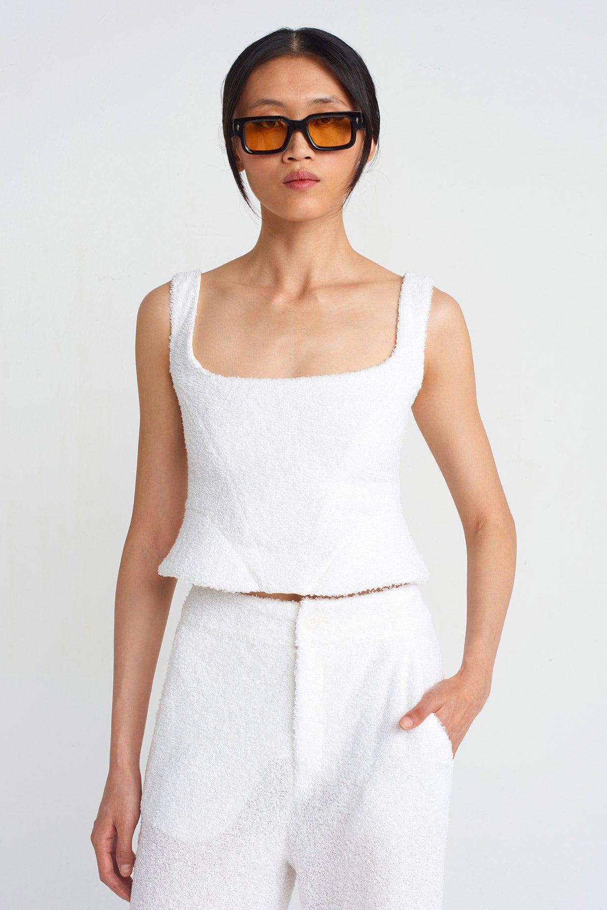 Off White Towel Fabric Bustier Blouse-Y251011002