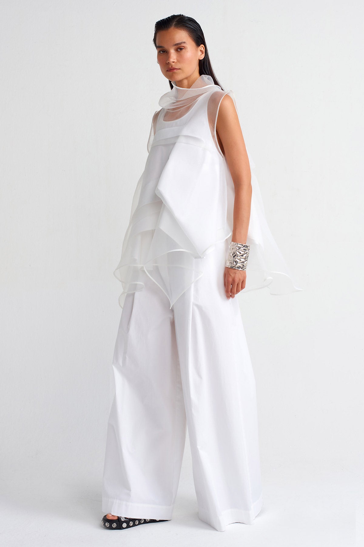 Off White Pleated Detail Organza Blouse-Y251011013