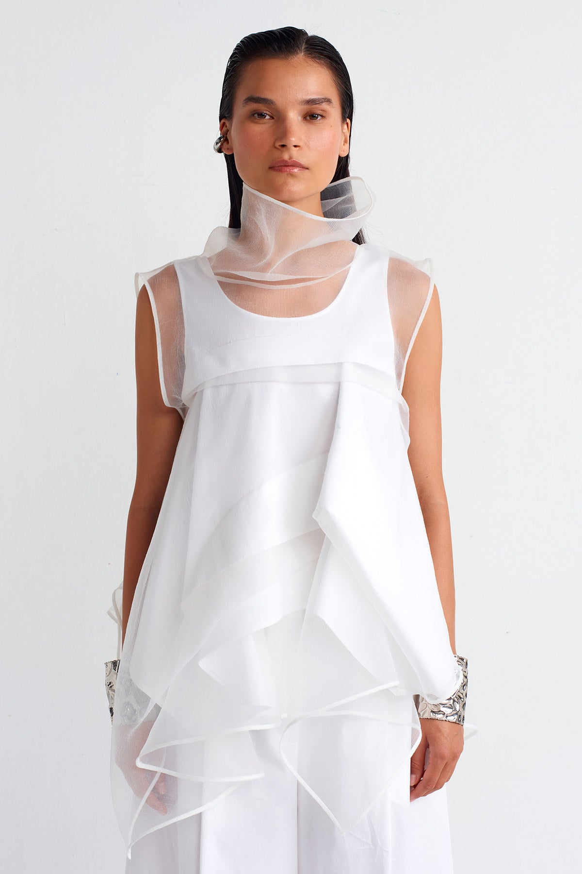 Off White Pleated Detail Organza Blouse-Y251011013