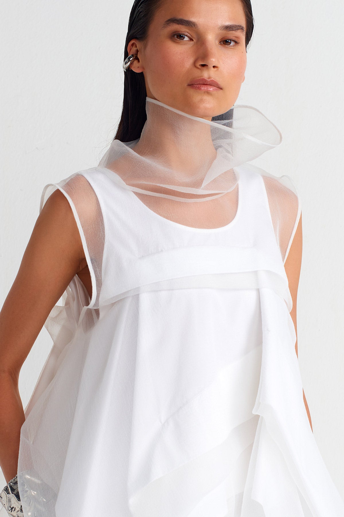 Off White Pleated Detail Organza Blouse-Y251011013