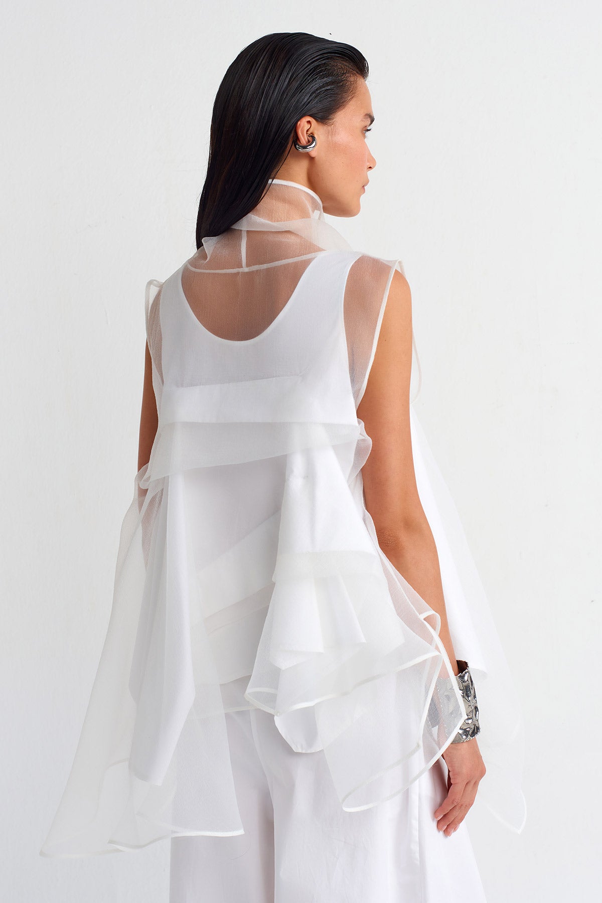 Off White Pleated Detail Organza Blouse-Y251011013