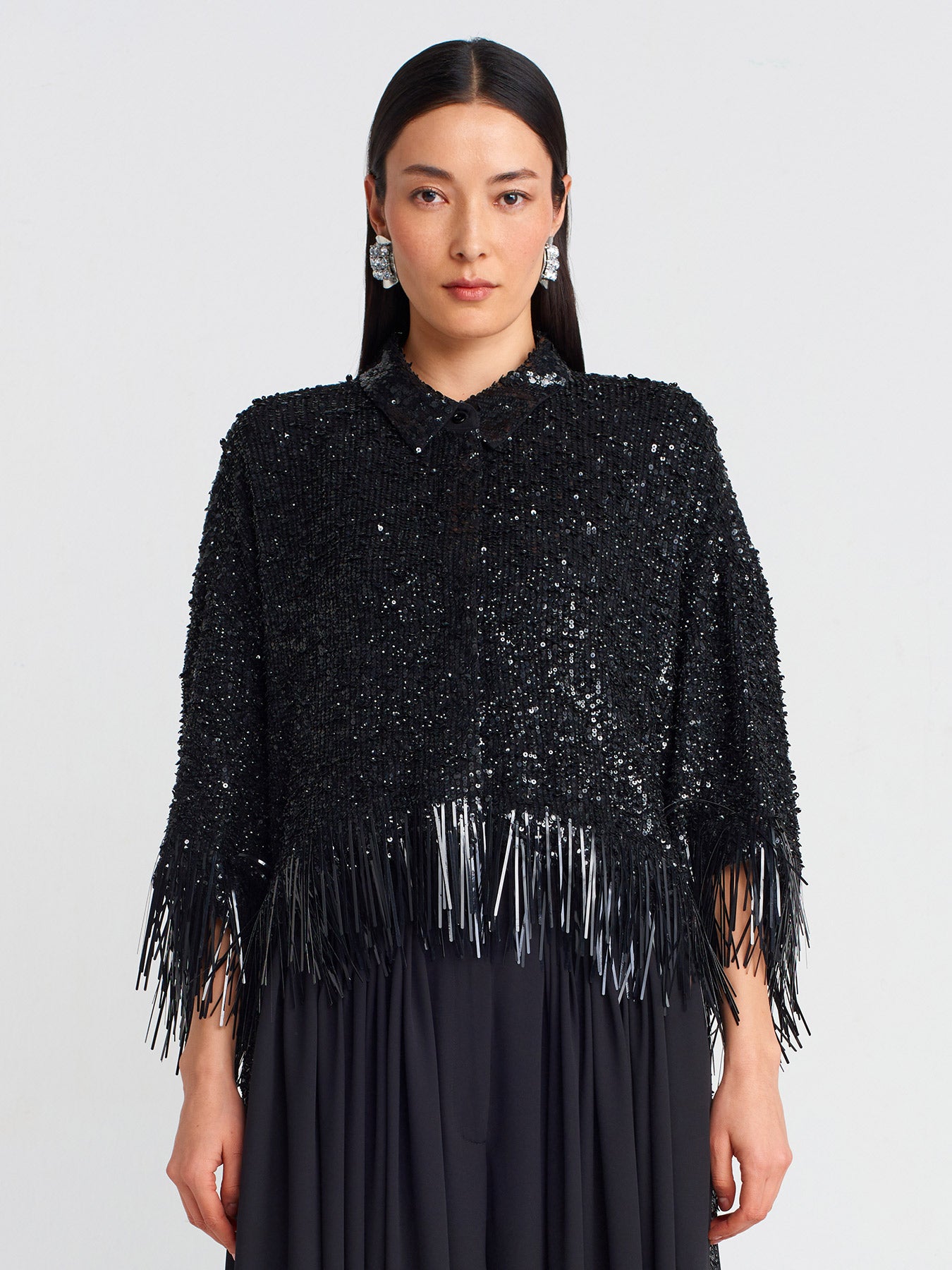 Black Sequin Embellished Shirt-Y251011028