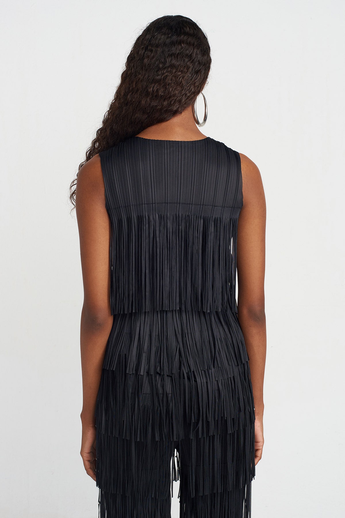 Black Fringed Pleated Blouse-Y251011037