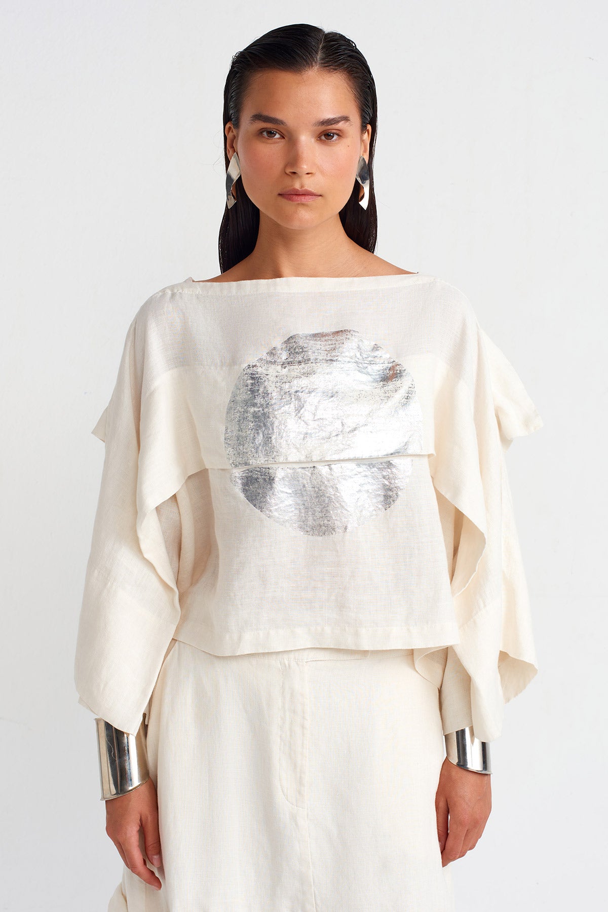 Silver Printed Linen Blouse-Y251011051