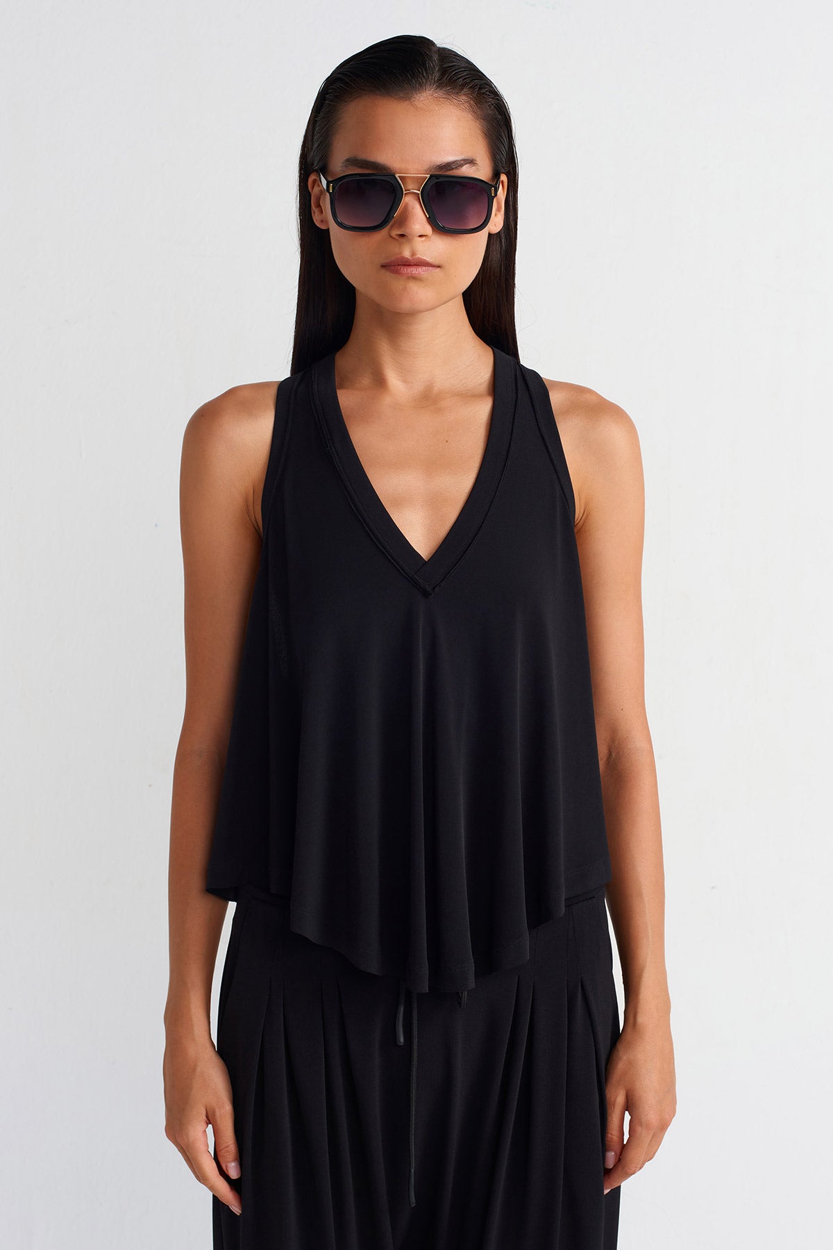 Black V-Neck Draped Jersey Blouse-Y251011055