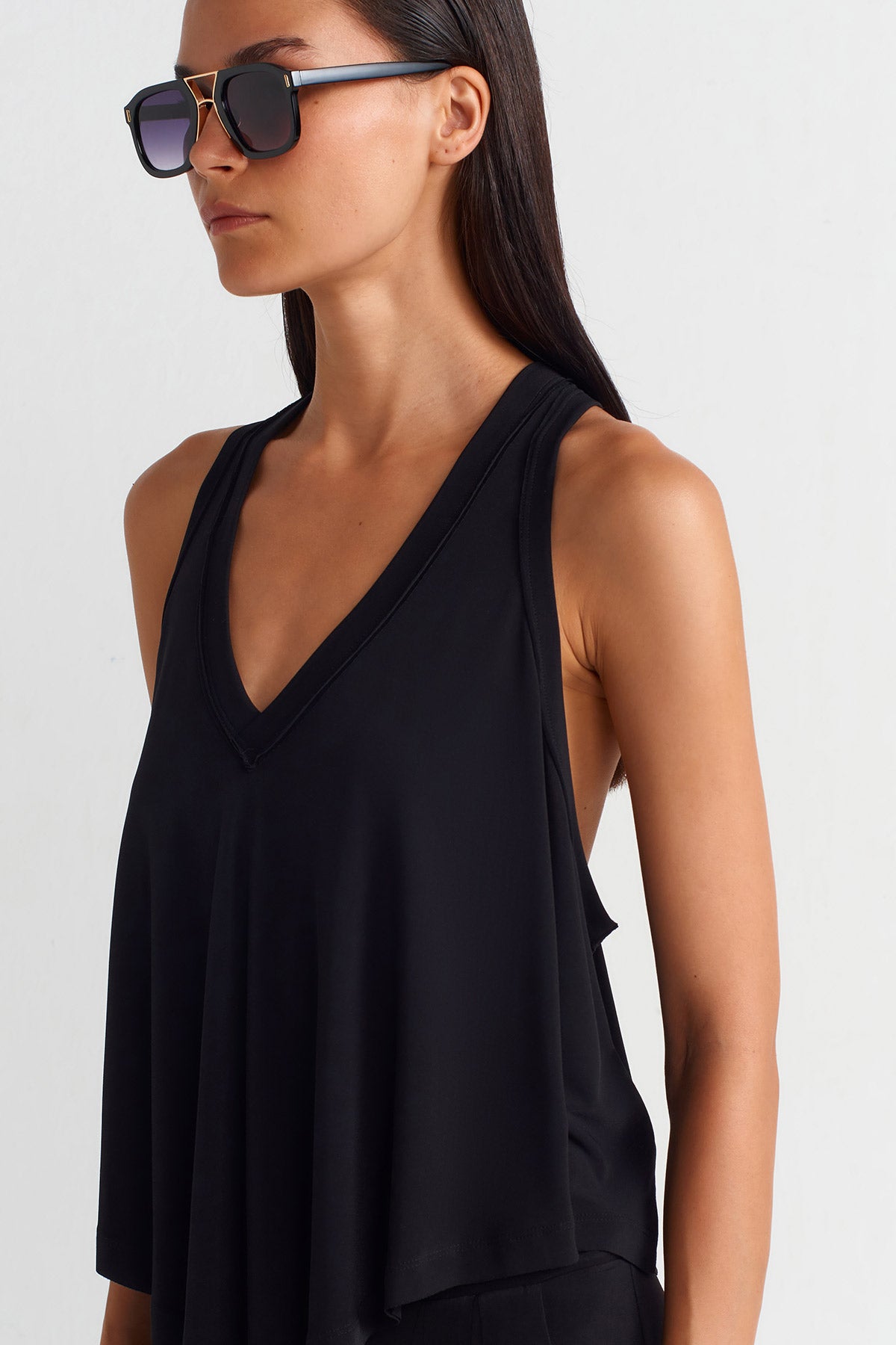 Black V-Neck Draped Jersey Blouse-Y251011055