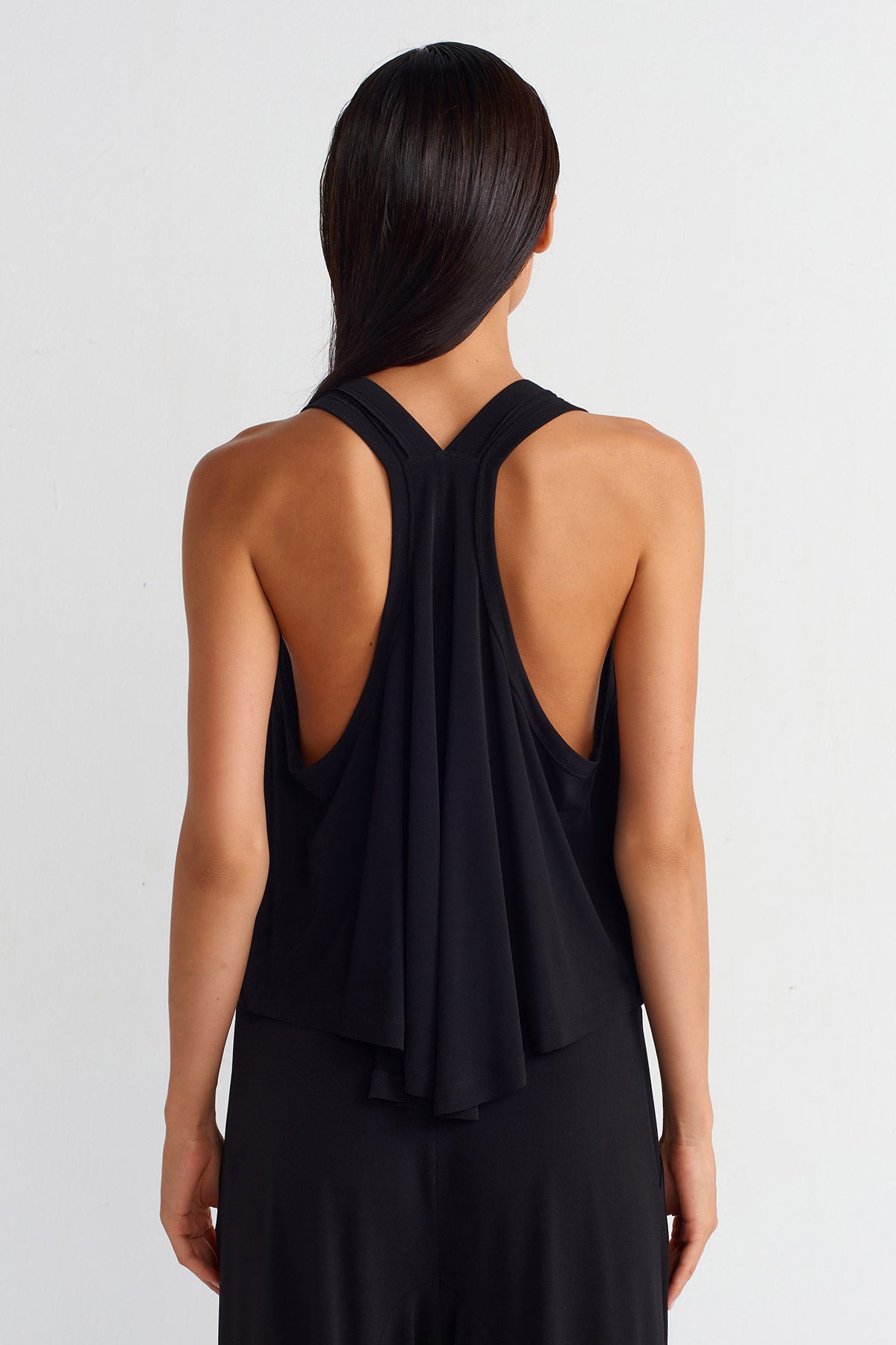 Black V-Neck Draped Jersey Blouse-Y251011055