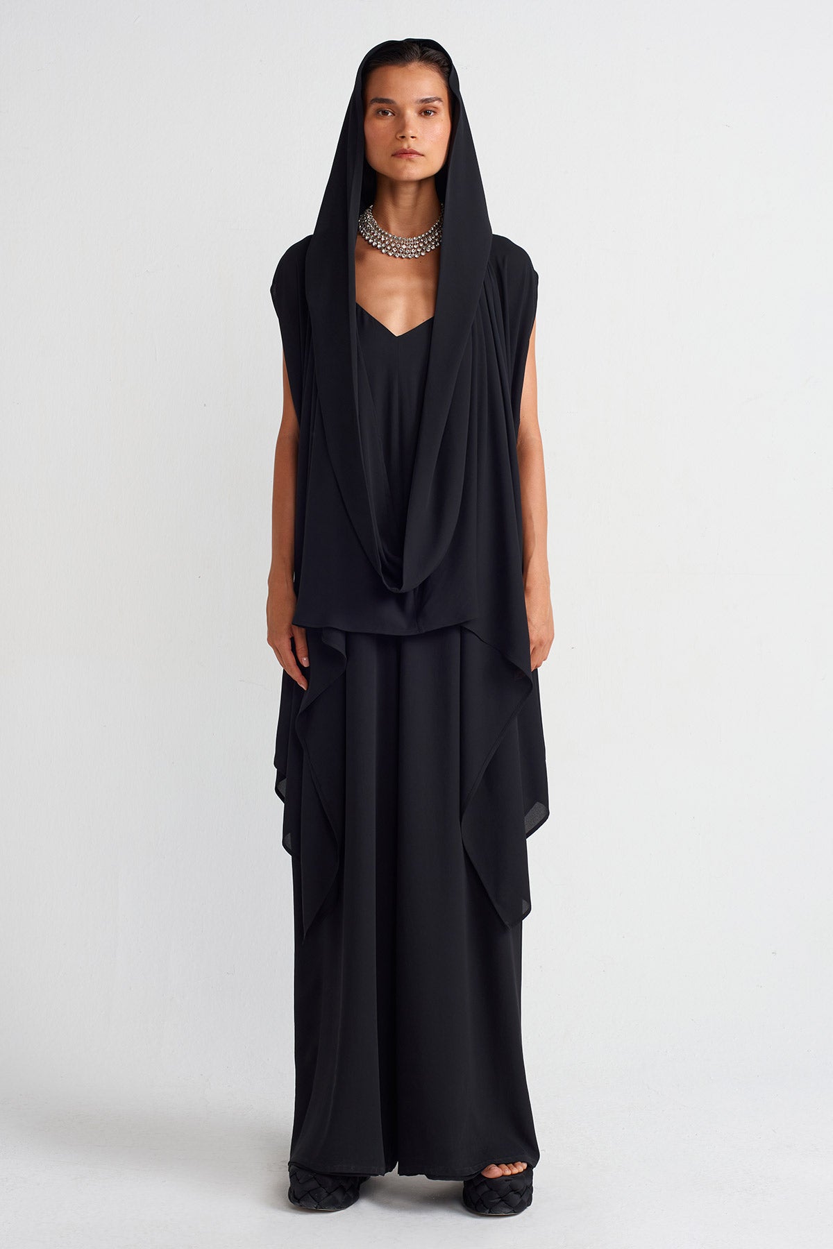 Black Elegant Chiffon Hooded Blouse-Y251011057