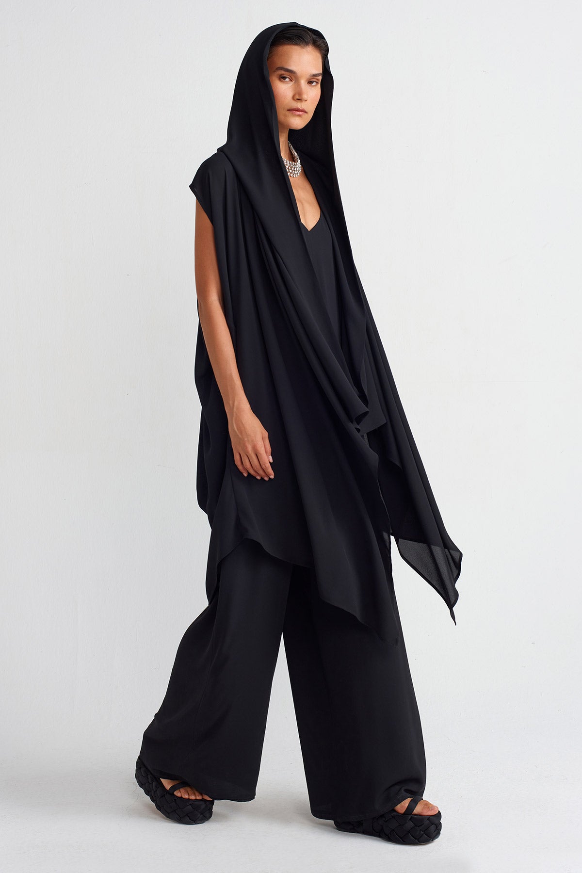 Black Elegant Chiffon Hooded Blouse-Y251011057