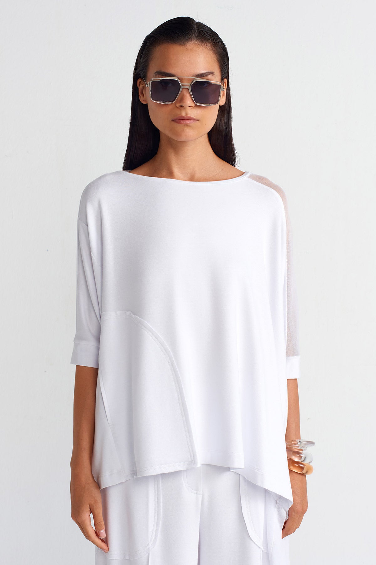 Off White Mesh Detail Pocket Blouse-Y251011060