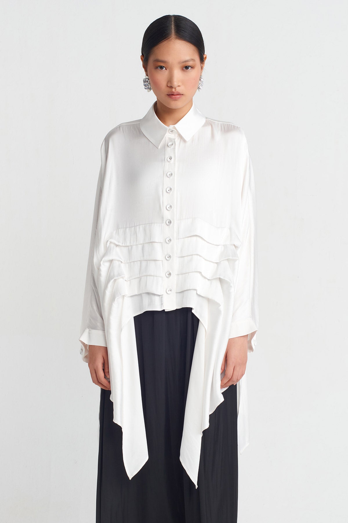 Off White Layered Detail Satin Shirt-Y251011081