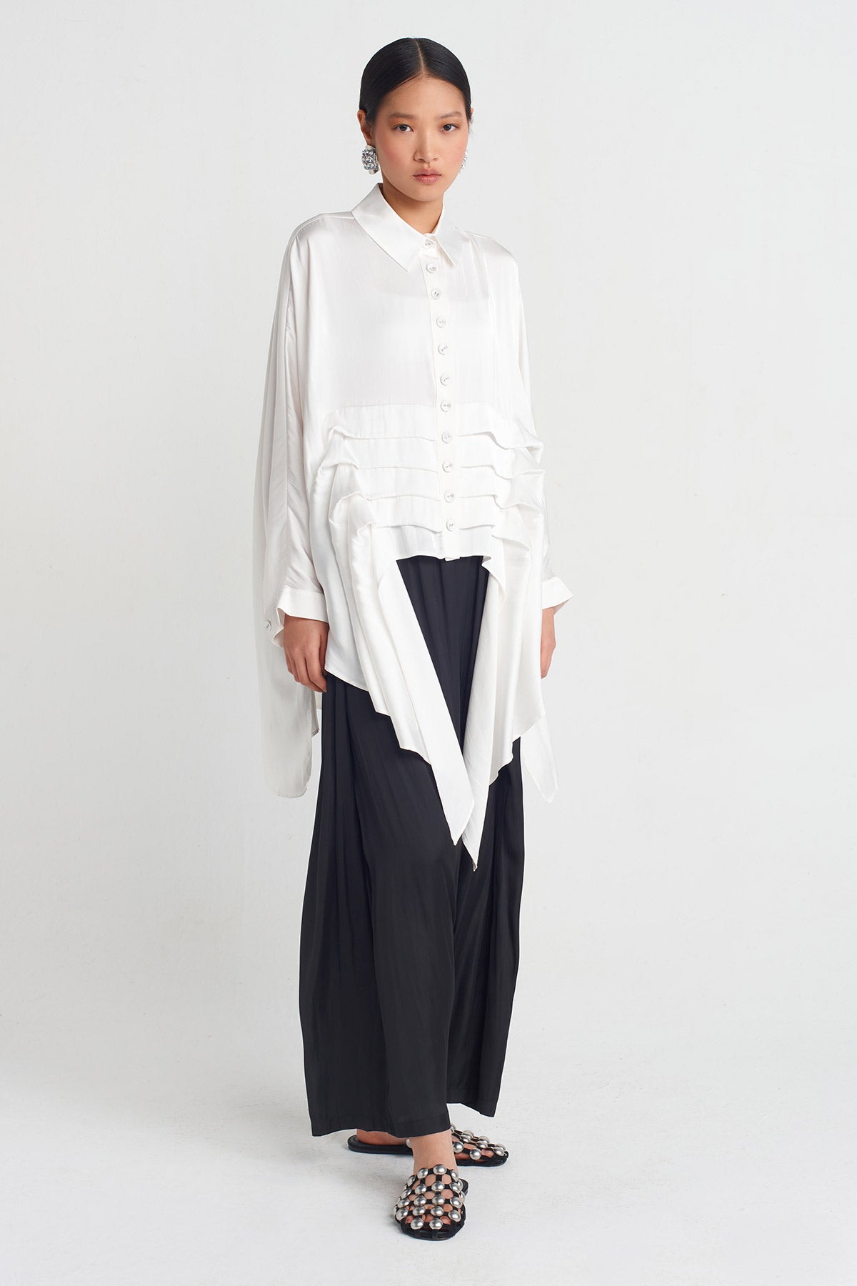 Off White Layered Detail Satin Shirt-Y251011081