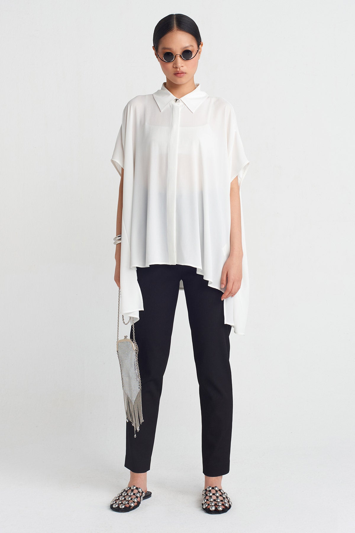 Off White Short-Sleeve Chiffon Shirt-Y251011082